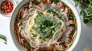 Beef Pho Noodle Soup with Fresh Herbs and Chili