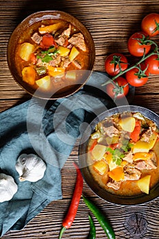 Beef and pork goulash with potato and pepper