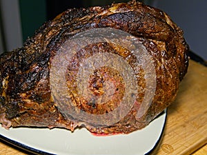 Beef prime rib roast in stages of preparation