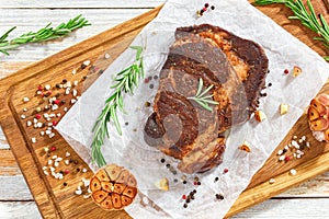 Beef rib-eye meat juicy steak fried in iron pan