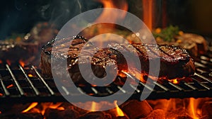 beef ribeye steak grilling on flaming grill. Generative Ai
