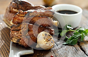 Beef ribs cooked grill wooden board copy space