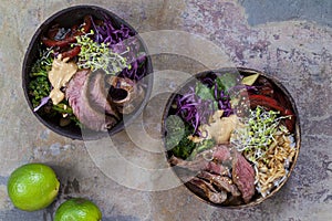 Beef with rice, red cabbage and broccoli