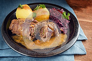 Beef roulades, traditional german meal, filled meat rolls with r