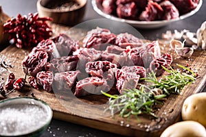 Beef shank chunks with rosemary, salt, chilli ready for making a recipe