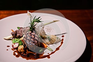 Beef sirloin steak with red wine gravy mushroom, vegetable and roasted potato