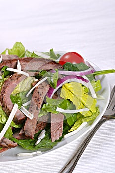 Beef sirloin strips mixed with green salad