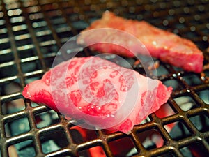 Beef sliced barbecue or Matsusaka wakyu.