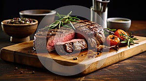 Beef, Sliced grilled meat steak Rib eye medium rare set on wooden serving board. Generative Ai