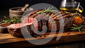 Beef, Sliced grilled meat steak Rib eye medium rare set on wooden serving board. Generative Ai