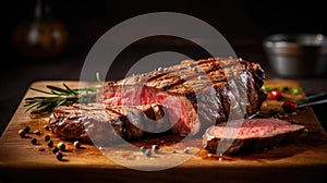 Beef, Sliced grilled meat steak Rib eye medium rare set on wooden serving board. Generative Ai