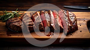 Beef, Sliced grilled meat steak Rib eye medium rare set on wooden serving board. Generative Ai