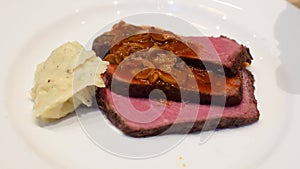 Beef Slices with Mushroom Sauce and Mashed Potato with Truffle, Restaurant Food