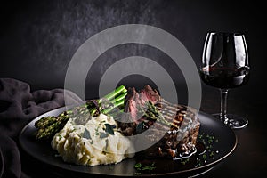 Beef steak with asparagus and mashed potatoes and wine.