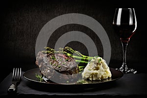 Beef steak with asparagus and mashed potatoes and wine.