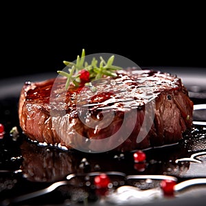 beef steak on black plate close up