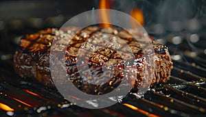 Beef steak on a flaming hot grill grate. Isolated on a black background