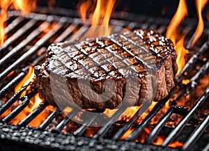 Beef steak on the grill with flames of fire. Close-up of beef steak on the grill