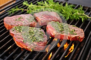 beef steak on a grill grates with scattered herb rub