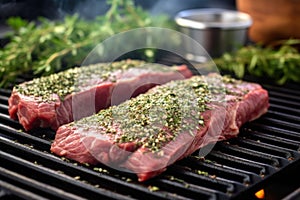 beef steak on a grill grates with scattered herb rub