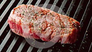 Beef Steak On Grill With Rosemary Pepper And Salt