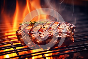 Beef steak on the grill with smoke and flames, outdoor summe barbeque. AI Generative