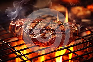 Beef steak on the grill with smoke and flames, outdoor summe barbeque. AI Generative