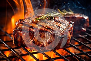 Beef steak on the grill with smoke and flames, outdoor summe barbeque. AI Generative