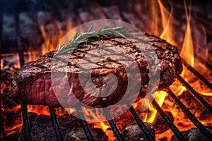 Beef steak on the grill with smoke and flames, outdoor summe barbeque. AI Generative