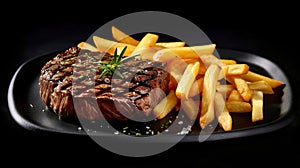 Beef Steak medium rare with French fries AI generated image