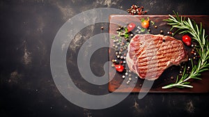 Beef Steak medium rare with French fries on a black plate. Copy space. Top view. AI Generative