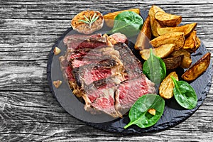 Beef steak medium rare with spices cut in slices