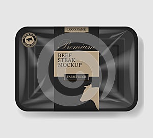 Beef steak packaging. Plastic tray container with cellophane cover. Mockup template for your meat design. Plastic food