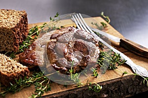 Beef steak. Piece of Grilled BBQ beef in spices