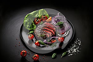 beef steak, product studio photo, dark black background, fresh tomato salad with onion,