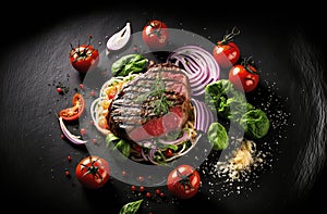 beef steak, product studio photo, dark black background, fresh tomato salad with onion,