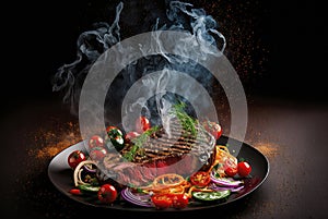 beef steak, product studio photo, dark black background, fresh tomato salad with onion,