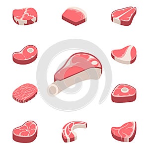 Beef steak raw meat food red fresh cut butcher uncooked chop barbecue bbq slice ingredient vector illustration