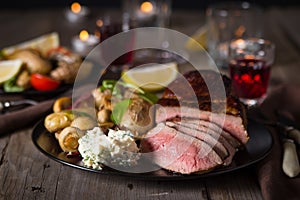 Beef Steak and Side Dish of Baked Potatoes and Mushrooms