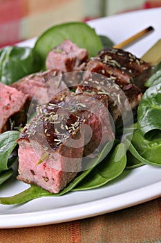 Beef Steak Skewers Over Spinach