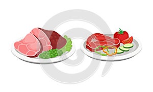 Beef Steak and Slab Garnished with Vegetables as Barbeque Food Served on Plate Vector Set