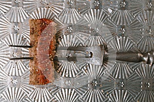 beef steak Slice on vintage meat fork