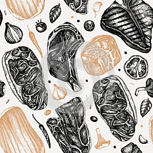 Beef steaks vector backdrop. Raw meat top view seamless pattern. Hand drawn cuts of beef, vegetables, spices. Steak house, meat