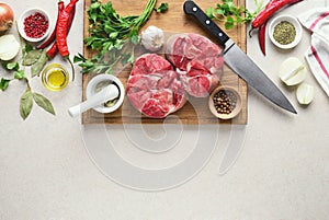 Beef stew ingredients on a kitchen table, culinary backround