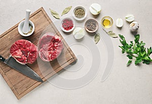Beef stew ingredients on a kitchen table, culinary backround