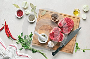 Beef stew ingredients on a kitchen table, culinary backround