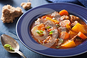 Beef stew with potato and carrot in blue plate