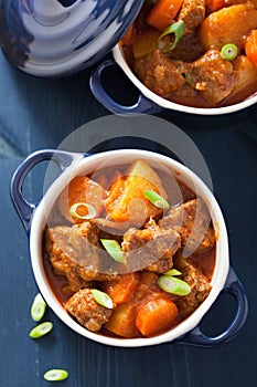 Beef stew with potato and carrot in blue pots