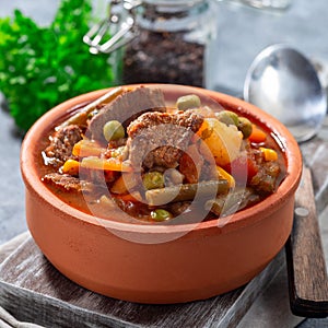 Beef stew with potato, green beans, carrot, peas and corn, in ceramic bowl, square format