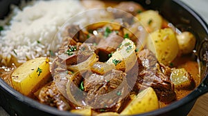 Beef stew with potatoes and onions served with rice in a black bowl